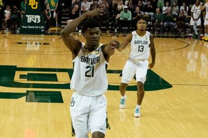 Nov 12, 2023; Waco, Texas, USA;  Baylor Bears center Yves Missi (21) receives a technical foul for taunting against the Gardner Webb Runnin Bulldogs during the first half at Ferrell Center. Mandatory Credit: Chris Jones-USA TODAY Sports