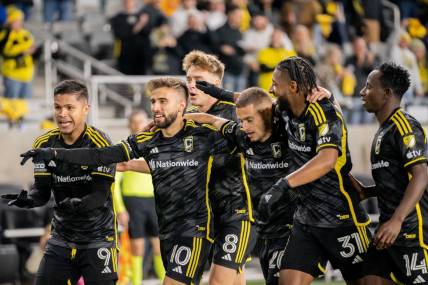 Nov 12, 2023; Columbus, Ohio, USA;
Columbus Crew celebrates after their fourth goal during their game against the Atlanta United in game three of their series on Sunday, Nov. 12, 2023 at Lower.com Field.