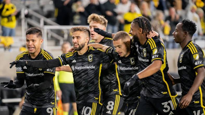 Nov 12, 2023; Columbus, Ohio, USA;
Columbus Crew celebrates after their fourth goal during their game against the Atlanta United in game three of their series on Sunday, Nov. 12, 2023 at Lower.com Field.