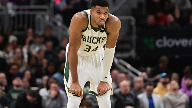 Nov 13, 2023; Milwaukee, Wisconsin, USA; Milwaukee Bucks forward Giannis Antetokounmpo (34) looks on during a timeout in the fourth quarter against the Chicago Bulls at Fiserv Forum. Mandatory Credit: Benny Sieu-USA TODAY Sports