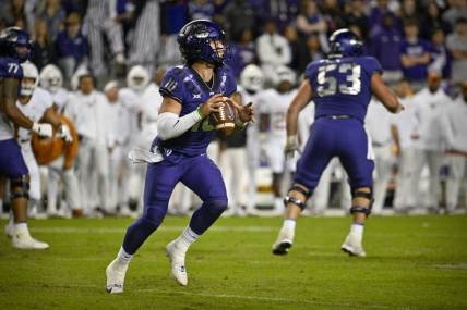 Nov 11, 2023; Fort Worth, Texas, USA; TCU Horned Frogs quarterback Josh Hoover (10) in action during the game between the TCU Horned Frogs and the Texas Longhorns at Amon G. Carter Stadium. Mandatory Credit: Jerome Miron-USA TODAY Sports