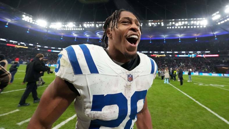 Nov 12, 2023; Frankfurt, Germany; Indianapolis Colts running back Jonathan Taylor (28) celebrates after an NFL International Series game against the New England Patriots at Deutsche Bank Park. Mandatory Credit: Kirby Lee-USA TODAY Sports