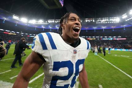 Nov 12, 2023; Frankfurt, Germany; Indianapolis Colts running back Jonathan Taylor (28) celebrates after an NFL International Series game against the New England Patriots at Deutsche Bank Park. Mandatory Credit: Kirby Lee-USA TODAY Sports