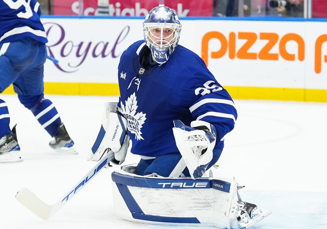 Nov 11, 2023; Toronto, Ontario, CAN; Toronto Maple Leafs goaltender Ilya Samsonov (35) against the Vancouver Canucks during the second period at Scotiabank Arena. Mandatory Credit: Nick Turchiaro-USA TODAY Sports