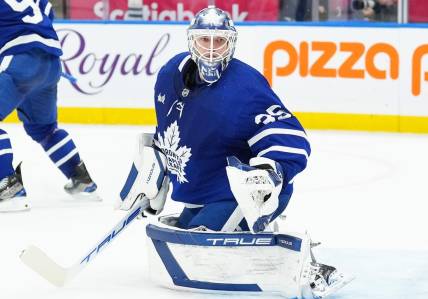 Nov 11, 2023; Toronto, Ontario, CAN; Toronto Maple Leafs goaltender Ilya Samsonov (35) against the Vancouver Canucks during the second period at Scotiabank Arena. Mandatory Credit: Nick Turchiaro-USA TODAY Sports