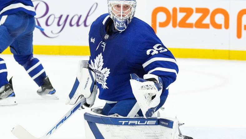 Nov 11, 2023; Toronto, Ontario, CAN; Toronto Maple Leafs goaltender Ilya Samsonov (35) against the Vancouver Canucks during the second period at Scotiabank Arena. Mandatory Credit: Nick Turchiaro-USA TODAY Sports