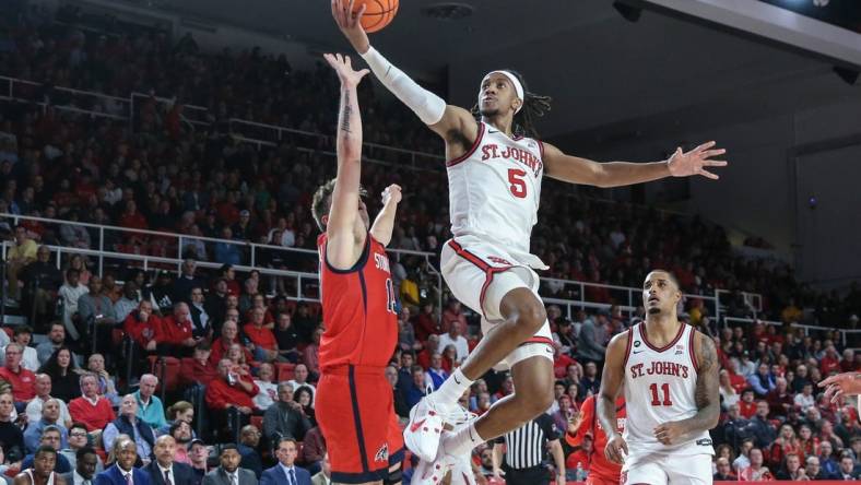 Nov 7, 2023; Queens, New York, USA;  St. John's Red Storm guard Daniss Jenkins (5) at Carnesecca Arena. Mandatory Credit: Wendell Cruz-USA TODAY Sports