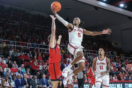 Nov 7, 2023; Queens, New York, USA;  St. John's Red Storm guard Daniss Jenkins (5) at Carnesecca Arena. Mandatory Credit: Wendell Cruz-USA TODAY Sports