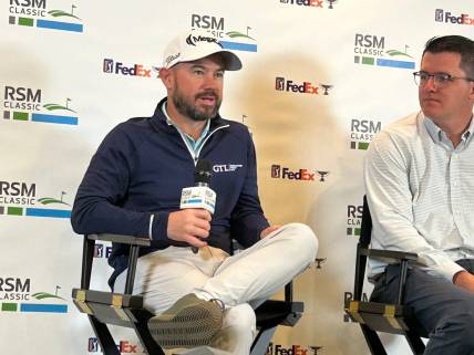 British Open champion Brian Harman (left) ponders a question during a news conference on Tuesday at the Sea Island Club on St. Simons Island, Ga., the site of this week's RSM Classic.