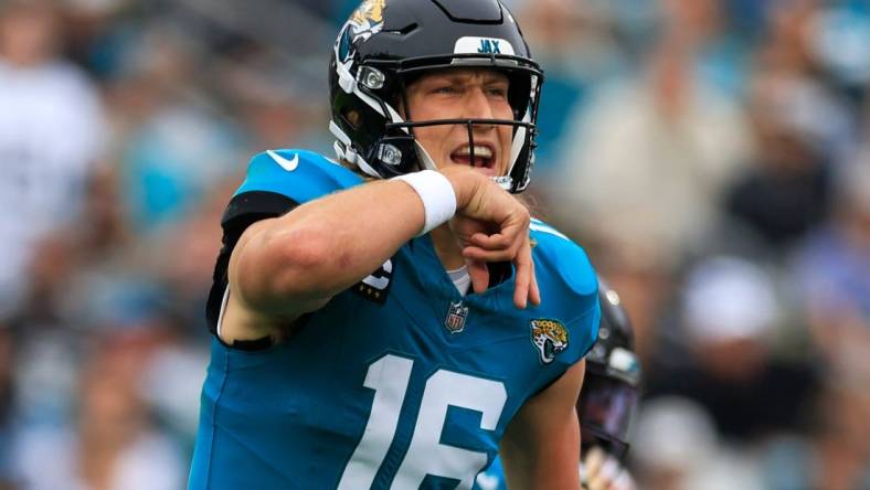 Jacksonville Jaguars quarterback Trevor Lawrence (16) calls a play during the first quarter of an NFL football game Sunday, Nov. 12, 2023 at EverBank Stadium in Jacksonville, Fla. The San Francisco 49ers defeated the Jacksonville Jaguars 34-3. [Corey Perrine/Florida Times-Union]