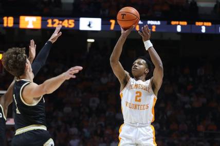 Nov 14, 2023; Knoxville, Tennessee, USA; Tennessee Volunteers guard Jordan Gainey (2) shoots a three pointer against the Wofford Terriers during the first half at Thompson-Boling Arena at Food City Center. Mandatory Credit: Randy Sartin-USA TODAY Sports