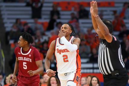 Nov 14, 2023; Syracuse, New York, USA; Syracuse Orange guard JJ Starling (2) reacts to a three-point basket against the Colgate Raiders during the first half at the JMA Wireless Dome. Mandatory Credit: Rich Barnes-USA TODAY Sports