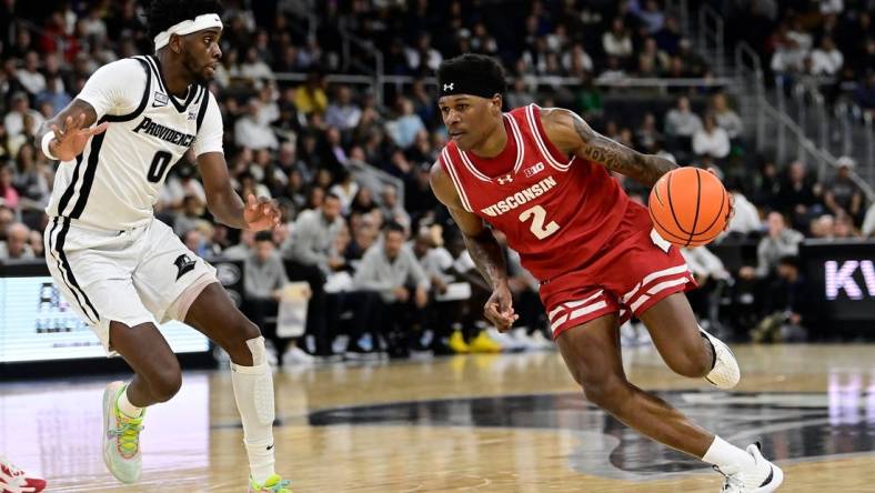 Nov 14, 2023; Providence, Rhode Island, USA; Wisconsin Badgers guard AJ Storr (2) drives the ball up the court during the second half against the Providence Friars at Amica Mutual Pavilion. Mandatory Credit: Eric Canha-USA TODAY Sports