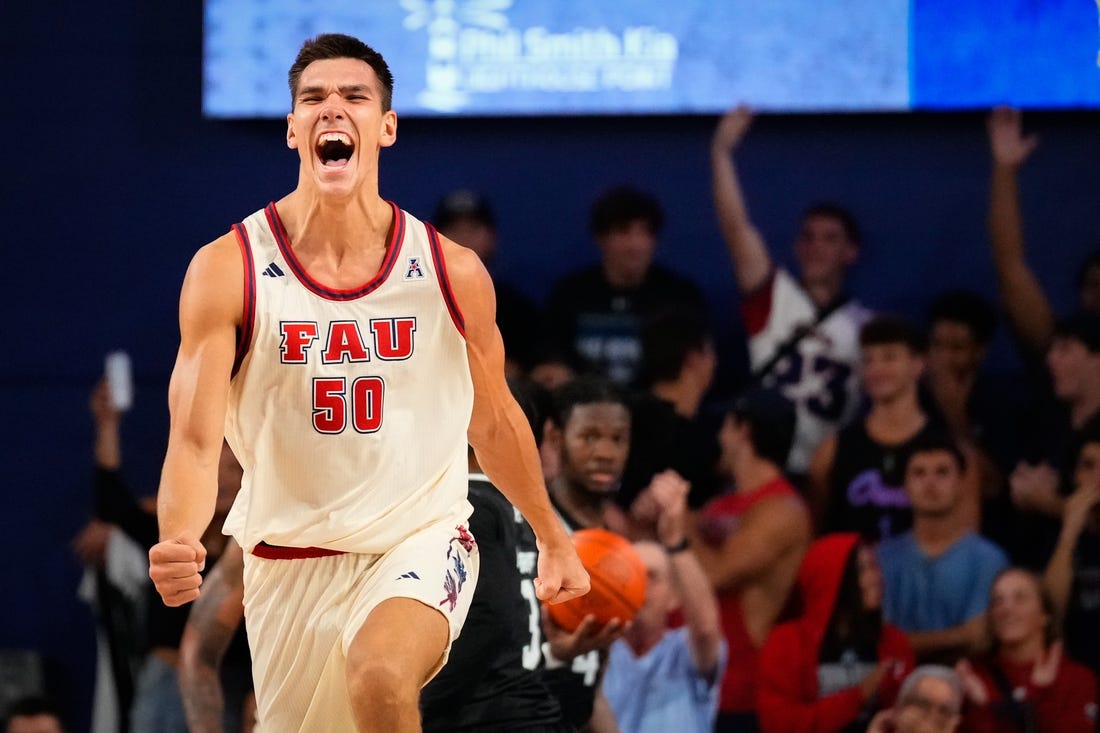 Nov 14, 2023; Boca Raton, Florida, USA; Florida Atlantic Owls center Vladislav Goldin (50) celebrates scoring against the Eastern Michigan Eagles during the second half at Eleanor R. Baldwin Arena. Mandatory Credit: Rich Storry-USA TODAY Sports