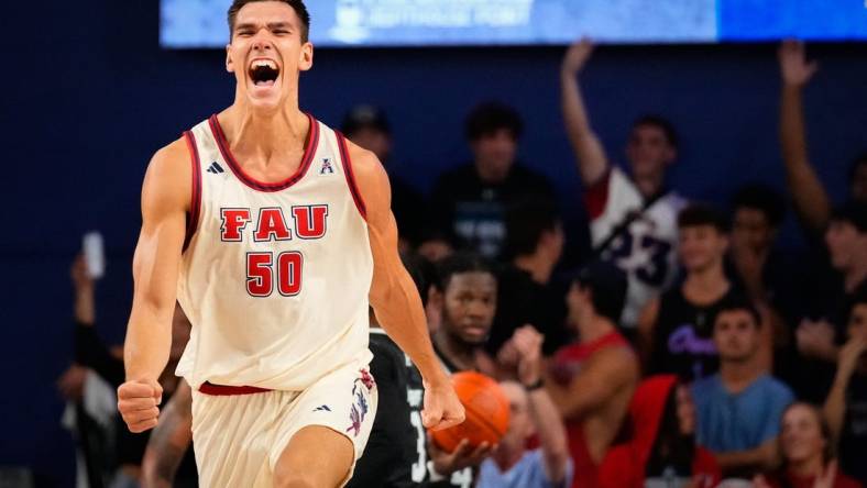 Nov 14, 2023; Boca Raton, Florida, USA; Florida Atlantic Owls center Vladislav Goldin (50) celebrates scoring against the Eastern Michigan Eagles during the second half at Eleanor R. Baldwin Arena. Mandatory Credit: Rich Storry-USA TODAY Sports