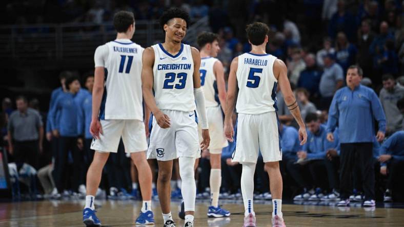 Nov 14, 2023; Omaha, Nebraska, USA; Creighton Bluejays guard Trey Alexander (23) reacts to late game action against the Iowa Hawkeyes in the second half at CHI Health Center Omaha. Mandatory Credit: Steven Branscombe-USA TODAY Sports