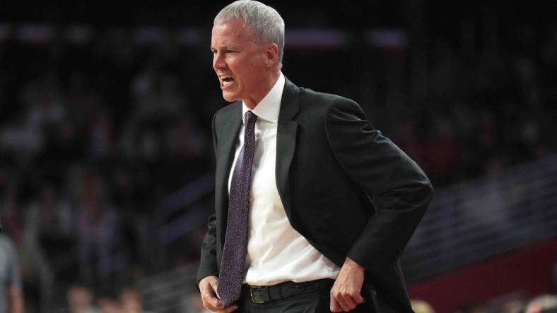 Nov 14, 2023; Los Angeles, California, USA; Southern California Trojans head coach Andy Enfield reacts against the UC Irvine Anteaters in the first half at Galen Center. Mandatory Credit: Kirby Lee-USA TODAY Sports