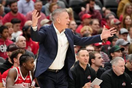 Nov 15, 2023; Columbus, OH, USA; Ohio State Buckeyes head coach Chris Holtmann reacts during the second half of the NCAA men   s basketball game against the Merrimack College Warriors at Value City Arena. Ohio State won 76-52.