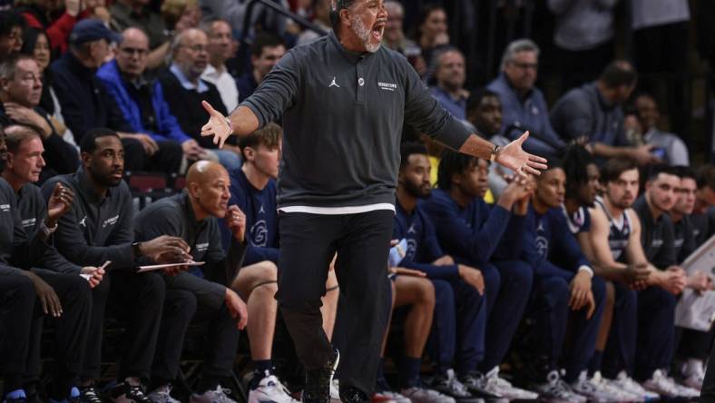 Nov 15, 2023; Piscataway, New Jersey, USA; Georgetown Hoyas head coach Ed Cooley reacts during the first half against the Rutgers Scarlet Knights at Jersey Mike's Arena. Mandatory Credit: Vincent Carchietta-USA TODAY Sports