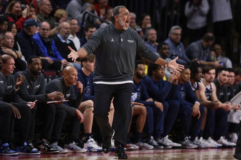 Nov 15, 2023; Piscataway, New Jersey, USA; Georgetown Hoyas head coach Ed Cooley reacts during the first half against the Rutgers Scarlet Knights at Jersey Mike's Arena. Mandatory Credit: Vincent Carchietta-USA TODAY Sports