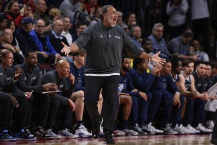 Nov 15, 2023; Piscataway, New Jersey, USA; Georgetown Hoyas head coach Ed Cooley reacts during the first half against the Rutgers Scarlet Knights at Jersey Mike's Arena. Mandatory Credit: Vincent Carchietta-USA TODAY Sports