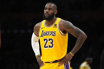 Nov 15, 2023; Los Angeles, California, USA; Los Angeles Lakers forward LeBron James (23) reacts in the second half against the Sacramento Kings at Crypto.com Arena. Mandatory Credit: Kirby Lee-USA TODAY Sports