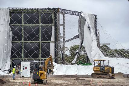Nov 16, 2023; PALM BEACH GARDENS, FL, USA;  The air-supported dome for the future home of the TGL indoor golf league founded by Tiger Woods and Rory McIlroy  was damaged and deflated Tuesday night after a temporary power system outage at the site. There were no injuries, and no technology was damaged in Palm Beach Gardens, Florida.at . Mandatory Credit: Greg Lovett-USA TODAY