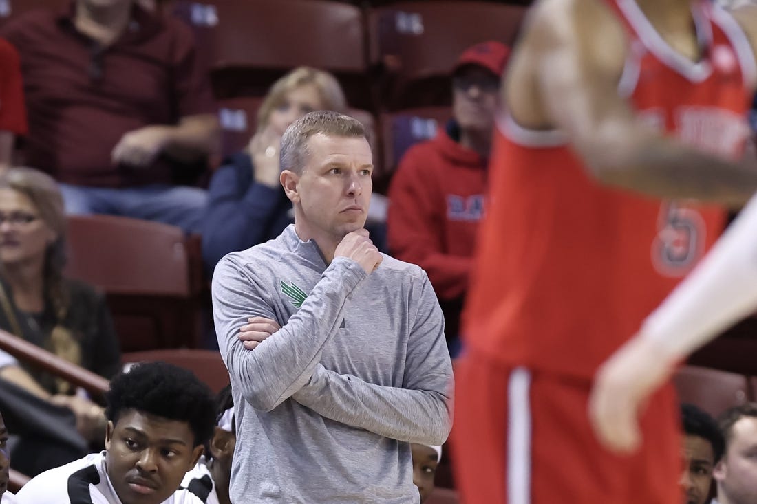 Nov 16, 2023; Charleston, South Carolina, USA; North Texas Mean Green head coach Ross Hodge on the side line in the second half against the St. John's Red Storm at TD Arena. Mandatory Credit: David Yeazell-USA TODAY Sports