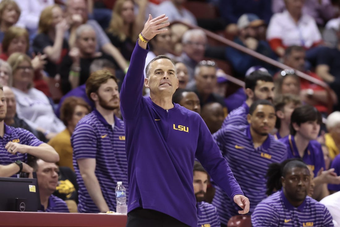 Nov 16, 2023; Charleston, South Carolina, USA; LSU Tigers head coach Matt McMahon reacts in the second half against the Dayton Flyers at TD Arena. Mandatory Credit: David Yeazell-USA TODAY Sports