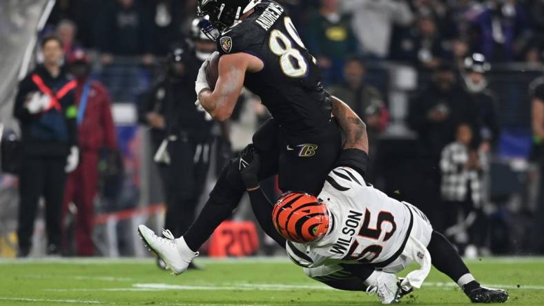 Nov 16, 2023; Baltimore, Maryland, USA; Baltimore Ravens tight end Mark Andrews (89) runs after a catch during the first quarter against Cincinnati Bengals linebacker Logan Wilson (55) at M&T Bank Stadium. Mandatory Credit: Tommy Gilligan-USA TODAY Sports