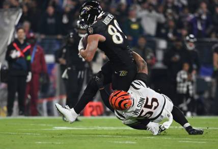Nov 16, 2023; Baltimore, Maryland, USA; Baltimore Ravens tight end Mark Andrews (89) runs after a catch during the first quarter against Cincinnati Bengals linebacker Logan Wilson (55) at M&T Bank Stadium. Mandatory Credit: Tommy Gilligan-USA TODAY Sports