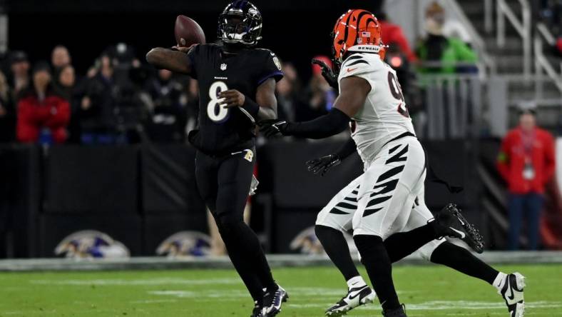 Nov 16, 2023; Baltimore, Maryland, USA; Baltimore Ravens quarterback Lamar Jackson (8) throws during the second quarter against the Cincinnati Bengals at M&T Bank Stadium. Mandatory Credit: Tommy Gilligan-USA TODAY Sports