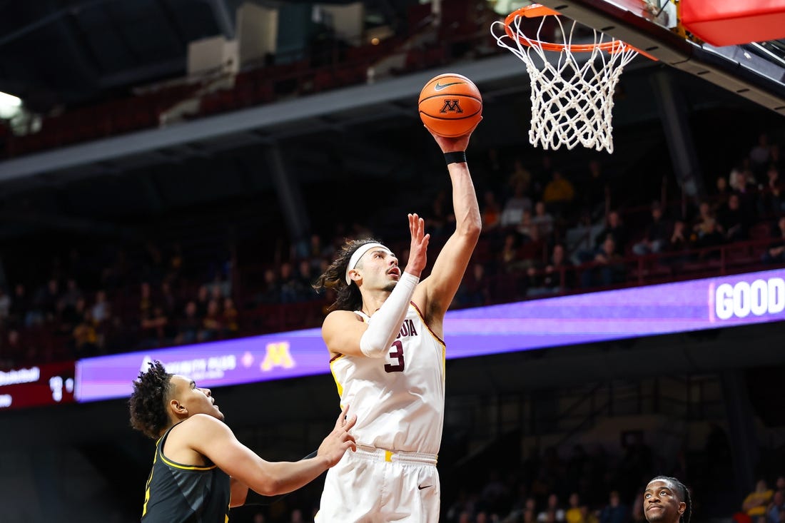 Nov 16, 2023; Minneapolis, Minnesota, USA; Minnesota Golden Gophers forward Dawson Garcia (3) shoots against the Missouri Tigers during the first half at Williams Arena. Mandatory Credit: Matt Krohn-USA TODAY Sports