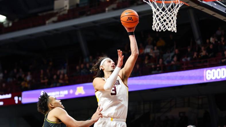 Nov 16, 2023; Minneapolis, Minnesota, USA; Minnesota Golden Gophers forward Dawson Garcia (3) shoots against the Missouri Tigers during the first half at Williams Arena. Mandatory Credit: Matt Krohn-USA TODAY Sports