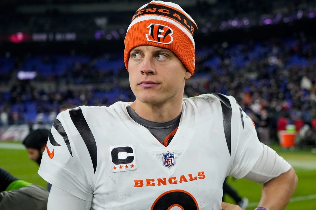 Nov 16, 2023; Baltimore, Maryland, USA; Injured Cincinnati Bengals quarterback Joe Burrow (9) paces the sideline in the fourth quarter against the Baltimore Ravens at M&T Bank Stadium. Mandatory Credit: Sam Greene-USA TODAY Sports