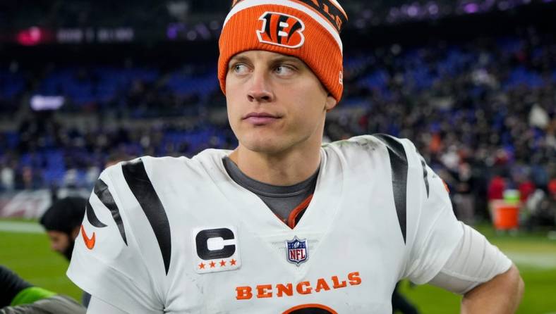 Nov 16, 2023; Baltimore, Maryland, USA; Injured Cincinnati Bengals quarterback Joe Burrow (9) paces the sideline in the fourth quarter against the Baltimore Ravens at M&T Bank Stadium. Mandatory Credit: Sam Greene-USA TODAY Sports