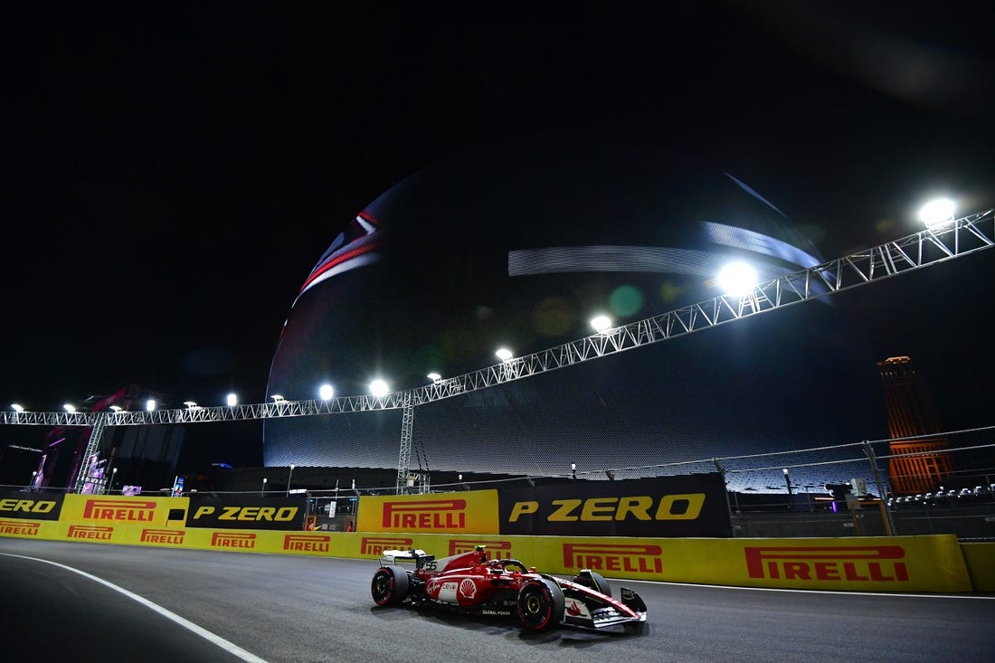 Nov 16, 2023; Las Vegas, Nevada, USA;  Scuderia Ferrari driver Carlos Sainz Jr. of Spain (55) during free practice at Las Vegas Strip Circuit. Mandatory Credit: Gary A. Vasquez-USA TODAY Sports