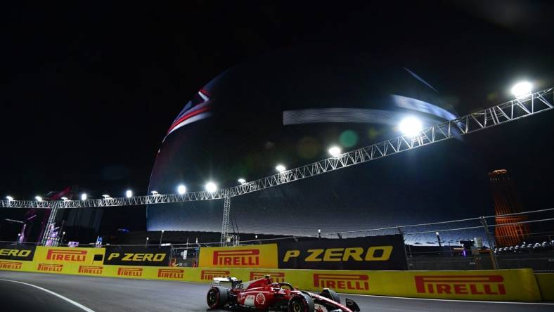 Nov 16, 2023; Las Vegas, Nevada, USA;  Scuderia Ferrari driver Carlos Sainz Jr. of Spain (55) during free practice at Las Vegas Strip Circuit. Mandatory Credit: Gary A. Vasquez-USA TODAY Sports