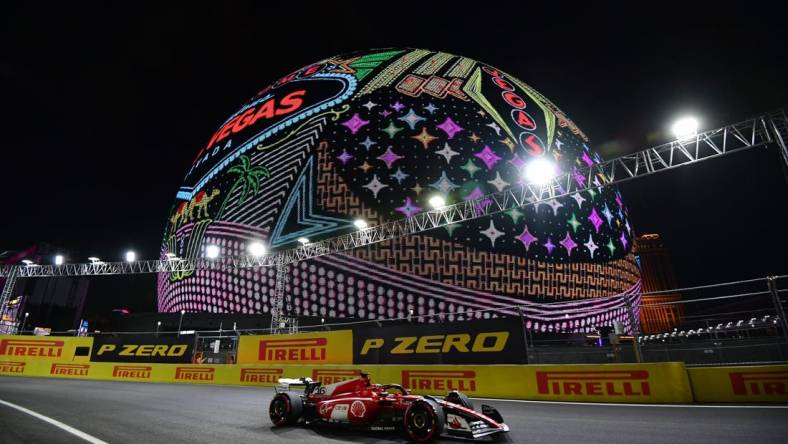 Nov 16, 2023; Las Vegas, Nevada, USA; Scuderia Ferrari driver Charles LeClerc of Monaco (16) during free practice at Las Vegas Strip Circuit. Mandatory Credit: Gary A. Vasquez-USA TODAY Sports