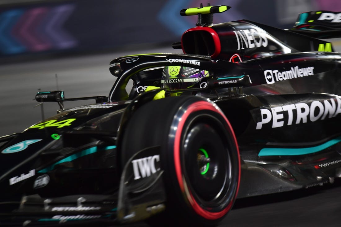 Nov 16, 2023; Las Vegas, Nevada, USA; Mercedes AMG Petronas driver Lewis Hamilton of Great Britain (44) during free practice at Las Vegas Strip Circuit. Mandatory Credit: Gary A. Vasquez-USA TODAY Sports