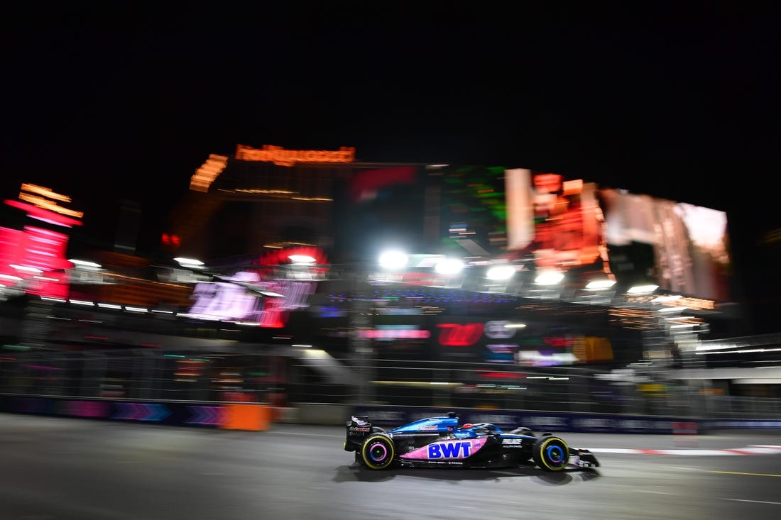 Nov 16, 2023; Las Vegas, Nevada, USA; Alpine driver Esteban Ocon of France (31) during free practice at Las Vegas Strip Circuit. Mandatory Credit: Gary A. Vasquez-USA TODAY Sports