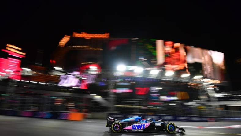 Nov 16, 2023; Las Vegas, Nevada, USA; Alpine driver Esteban Ocon of France (31) during free practice at Las Vegas Strip Circuit. Mandatory Credit: Gary A. Vasquez-USA TODAY Sports