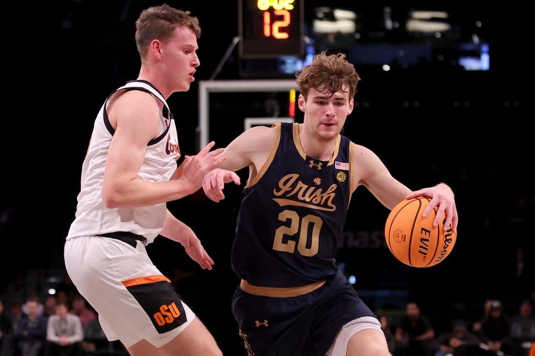 Nov 17, 2023; Brookyln, NY, USA; Notre Dame Fighting Irish guard J.R. Konieczny (20) controls the ball against Oklahoma State Cowboys guard Connor Dow (13) during the first half at Barclays Center. Mandatory Credit: Brad Penner-USA TODAY Sports