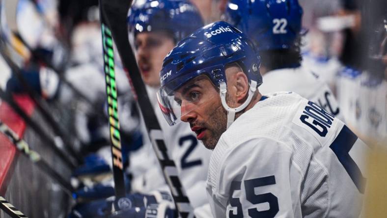 Nov 17, 2023; Stockholm, SWE; Toronto Maple Leafs defenseman Mark Giordano (55) on the bench against the Detroit Red Wings during a Global Series NHL hockey game at Avicii Arena. Mandatory Credit: Per Haljestam-USA TODAY Sports