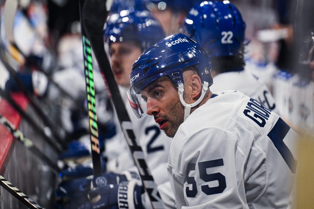 Nov 17, 2023; Stockholm, SWE; Toronto Maple Leafs defenseman Mark Giordano (55) on the bench against the Detroit Red Wings during a Global Series NHL hockey game at Avicii Arena. Mandatory Credit: Per Haljestam-USA TODAY Sports