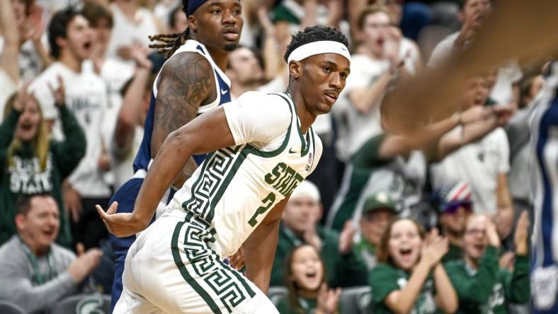 Michigan State's Tyson Walker gets back on defense after making a 3-pointer against Butler during the first half on Friday, Nov. 17, 2023, in East Lansing.