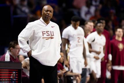 Nov 17, 2023; Gainesville, Florida, USA; Florida State Seminoles head coach Leonard Hamilton looks on during the first half against the Florida Gators at Exactech Arena at the Stephen C. O'Connell Center. Mandatory Credit: Matt Pendleton-USA TODAY Sports