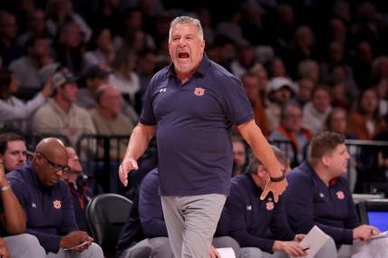 Nov 17, 2023; Brookyln, NY, USA; Auburn Tigers head coach Bruce Pearl coaches against the St. Bonaventure Bonnies during the first half at Barclays Center. Mandatory Credit: Brad Penner-USA TODAY Sports