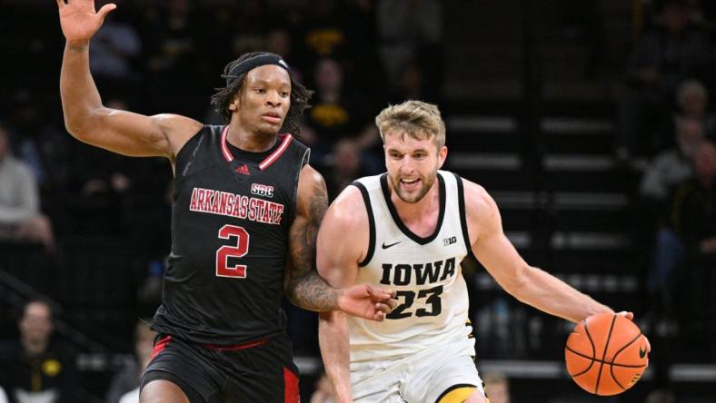 Nov 17, 2023; Iowa City, Iowa, USA; Iowa Hawkeyes forward Ben Krikke (23) controls the ball as Arkansas State Red Wolves guard Freddy Hicks (2) defends during the first half at Carver-Hawkeye Arena. Mandatory Credit: Jeffrey Becker-USA TODAY Sports