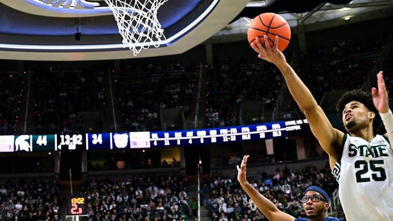 Nov 17, 2023; East Lansing, Michigan, USA; Michigan State Spartans forward Malik Hall (25) puts a shot off the glass past Butler Bulldogs center Andre Screen (23) during the second half at Jack Breslin Student Events Center. Mandatory Credit: Dale Young-USA TODAY Sports